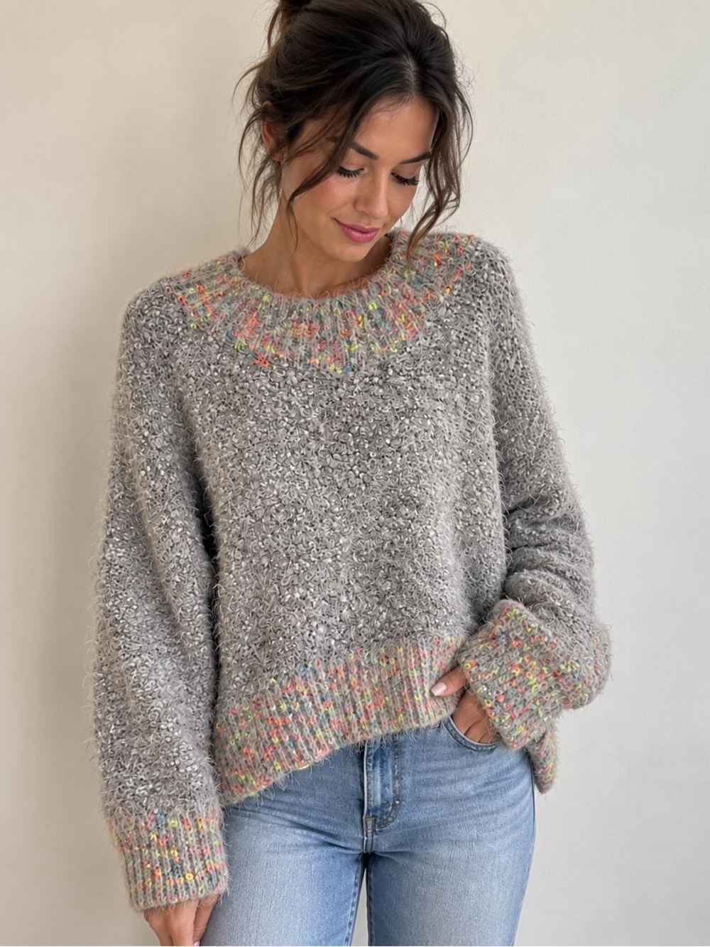 Free People Gray Bouclé Crewneck Sweater with Multicolor Trim